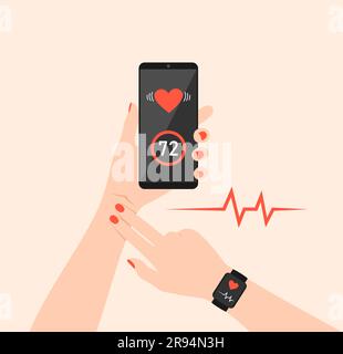 Hände mit Smartphone und Fitness-Tracker. Überwachung der Herzfrequenz mit einem Fitnessarmband und einer Telefon-App. Vektordarstellung in flacher Form Stock Vektor