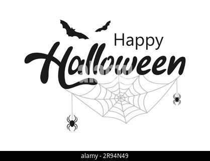 Happy Halloween Textbanner mit Spinnennetz, Spinnen und Fledermäusen. Vektordarstellung Stock Vektor