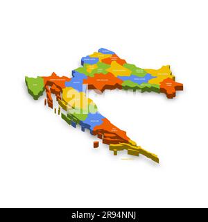 Kroatien: Politische Karte der Verwaltungsabteilungen - Landkreise. Farbenfrohe 3D-Vektorkarte mit Ländernamen und Schatten. Stock Vektor