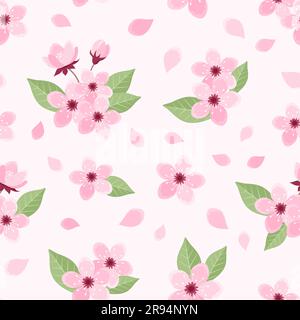 Nahtloses Muster aus Rosa Kirsche mit Blumen, Knospen und Blättern auf weichem rosa Hintergrund. Sakura-Blütenmuster. Vektordarstellung in flacher Form Stock Vektor