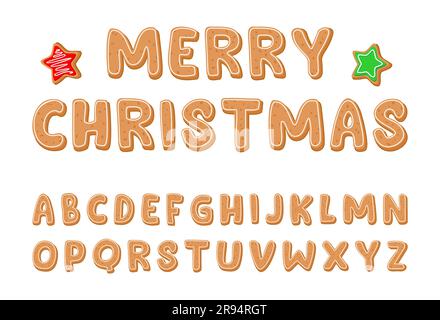 Frohe Weihnachten. Vektoralphabet in Form von Lebkeksen mit weißer Glasur. Weihnachtsschriftart Stock Vektor