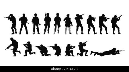Soldat, Armee-Silhouetten. Soldaten der Armee mit Gewehrsilhouette Stock Vektor