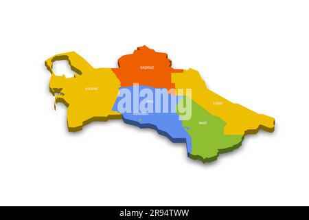 Turkmenistan politische Karte der Verwaltungsabteilungen - Regionen und Hauptstadtbezirk Aschgabat. Farbenfrohe 3D-Vektorkarte mit Ländernamen und Schatten. Stock Vektor