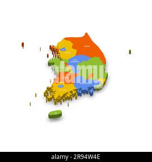 Südkorea politische Karte der Verwaltungseinheiten - Provinzen, Metropolstädte, Sonderstadt Seolu und besondere selbstverwaltende Städte in Sejong. Farbenfrohe 3D-Vektorkarte mit Ländernamen und Schatten. Stock Vektor