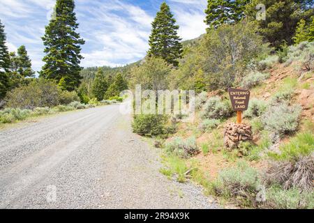 Das Schild auf der abgelegenen Schotterstraße in Modoc County California, USA, weist darauf hin, dass Reisende den Modoc National Forest betreten Stockfoto