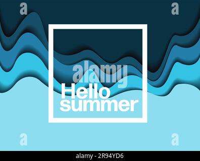 Hallo Sommer - Vektor einfaches minimalistisches Postervorlage für Sommerferien mit abstrakter Papierstruktur mit krautblauen Wasserwellen, weißer Schriftzug Hello Summer Stock Vektor