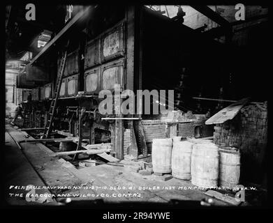 Monthly Progress Photo, Gebäude 41, Kesselinstallation, Looking West, The Babcock and Wilcox Company, Fremdfirmen. Glasplatten-Negative für den Bau und die Reparatur von Gebäuden, Einrichtungen und Schiffen am New York Navy Yard. Stockfoto