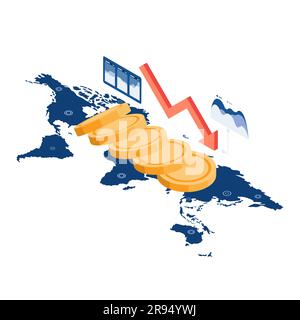 3D-Dollar-Münzgeld fällt wie Domino auf der Weltkarte. Währungs- und Finanzkrisenkonzept. Stock Vektor