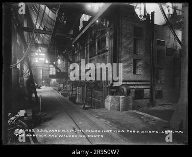 Boiler Installation Monthly Progress Photo, Looking Northwest, The Babcock and Wilcox Company, Contractor. Glasplatten-Negative für den Bau und die Reparatur von Gebäuden, Einrichtungen und Schiffen am New York Navy Yard. Stockfoto