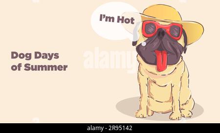 Hundetage im Sommer. Der Pug trägt eine Sonnenbrille und einen Sommerhut. vektordarstellung Stock Vektor