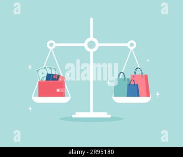 Geldbörse mit Kreditkarten und Bargeld und Einkaufstaschen auf der Waage. Einkaufskonzept. Vektordarstellung in flacher Form Stock Vektor