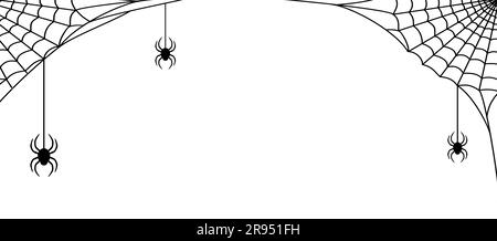 Schwarzes Spinnennetz mit Spinnen auf weißem Hintergrund. Halloween-Rahmen Stock Vektor