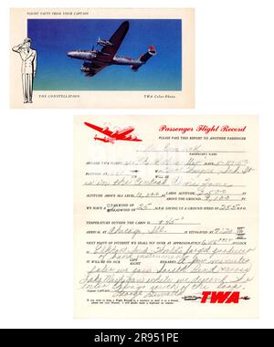 Vintage TWA Postkarte/Passagierflugprotokoll, 1950, USA Stockfoto