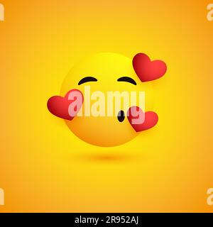 Lächelndes und küssendes Gesicht mit Herzen auf gelbem Hintergrund – Emoticon Vector Design Stock Vektor