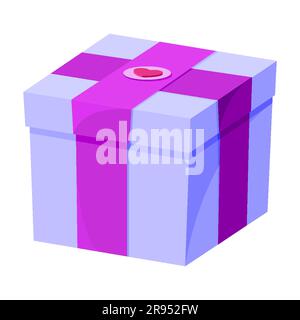 Lilafarbene Geschenkbox mit isometrischem, magentafarbenem Band. Rosafarbener Herzanhänger Wachsversiegelung valentinstag Hochzeit Urlaub Liebe Überraschung geheim Paket festlich Geburtstag Ereignis Dekoration Verkauf Symbol Marke Icon isoliert Stock Vektor