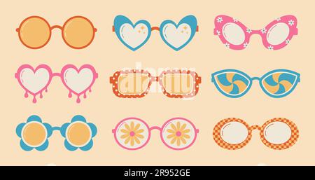 Kollektion von tollen Hippie-Sonnenbrillen in flachem Stil. Abstrakte psychedelische Retro-Brille. Vektordarstellung Stock Vektor