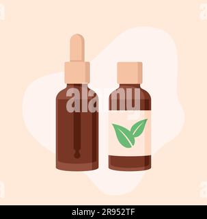 Ätherische Öle in bernsteinfarbenen Glasflaschen auf beigefarbenem Hintergrund. Abbildung eines flachen Vektors Stock Vektor