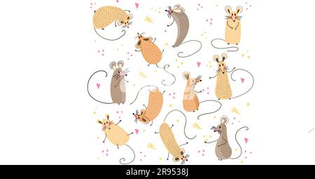 Satz lustiger Ratten für Design.2020. Süße kleine Mäuse in verschiedenen Posen. Ein Set süßer, kleiner Zeichentrickmäuse. Süßes Cartoon-Clipart-Set. Stock Vektor