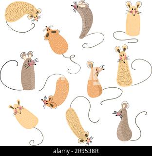 Satz lustiger Ratten für Design.2020. Süße kleine Mäuse in verschiedenen Posen. Ein Set süßer, kleiner Zeichentrickmäuse. Süßes Cartoon-Clipart-Set. Stock Vektor