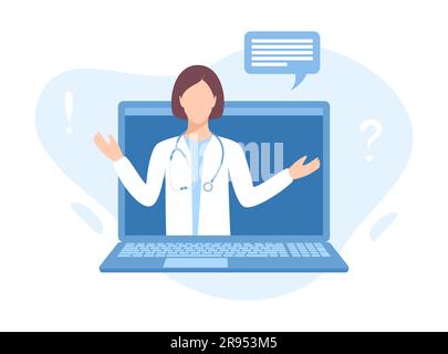 Eine Ärztin auf dem Laptop-Bildschirm. Medizinische Beratung online. Abbildung eines flachen Vektors Stock Vektor