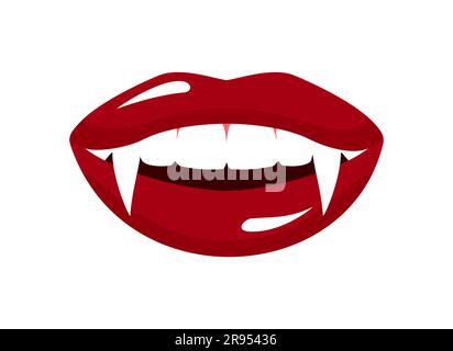 Offener Vampirmaul mit roten Lippen und weißen Reißzähnen isoliert auf weißem Hintergrund. Abbildung eines flachen Vektors Stock Vektor