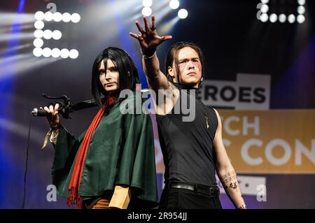 UTRECHT - Teilnehmer während des Cosplay Catwalk in Cosplay-Kostüm während der Dutch Comic Con in den Jaarbeurs. Dutch Comic Con ist eine jährliche Veranstaltung, die Comics, Filme, Serien, Videospiele und Kostüme von Popkultur-Charakteren gewidmet ist. ANP EVA PLEVIER niederlande raus - belgien raus Stockfoto