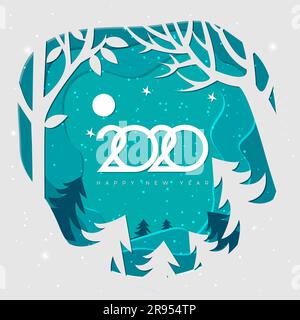 Frohe weihnachten, Schneewald. Illustration Winter kommt. Frohe Weihnachten und ein frohes neues Jahr 2020. Papierkunst und Kunsthandwerk Stock Vektor