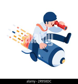 Ein 3D. Isometrischer Geschäftsmann, der auf Rocket durch das Teleskop schaut. Business Vision-Konzept. Stock Vektor
