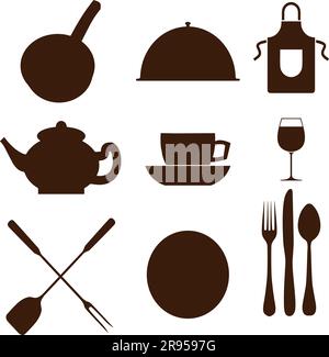 Gezeichnete Silhouette Küchengegenstände und -Elemente Stock Vektor