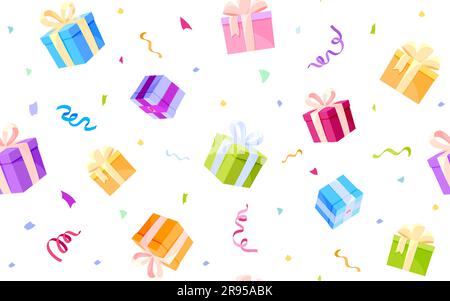 Gemischte Geschenkbox Konfetti Nahtloses Muster farbenfrohe flache Oberfläche. Grußkarte Hintergrundsieger Blast Klapper Geschenkverpackung Website-Anzeigen Rabatt Weihnachten Regenbogen weihnachten valentinstag-Design Stock Vektor