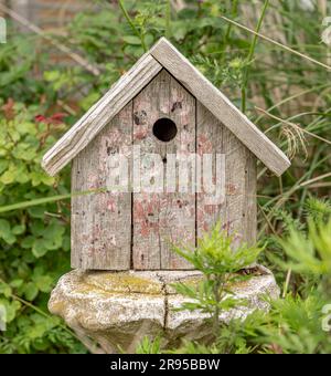 Ein handgemachtes Vogelhaus aus Holz mit verblasster Farbe Stockfoto