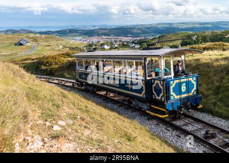 Straßenbahn auf der Great Orme Tramway, Llandudno, Nordwales, Großbritannien. Stockfoto