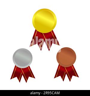 Gold-, Silber- und Bronzemedaillen. Champion- und Siegermedaille mit rotem Band Stock Vektor