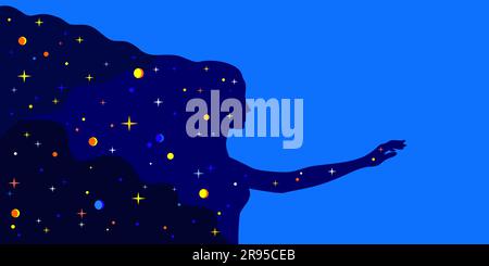 Das Sternenuniversum in Form einer weiblichen Silhouette mit ausgestreckter Hand auf blauem Hintergrund Stock Vektor