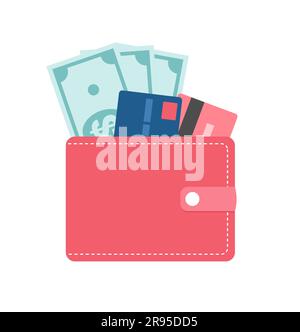 Rote Geldbörse mit Bargeld und Kreditkarten isoliert auf weißem Hintergrund. Abbildung eines flachen Vektors Stock Vektor
