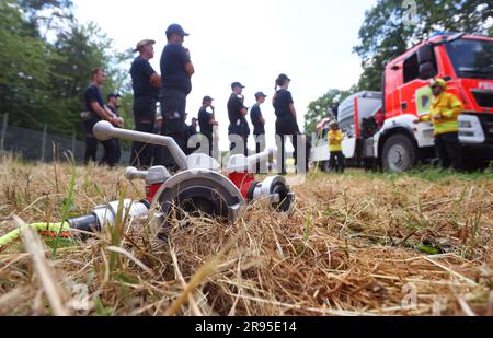 24. Juni 2023, Baden-Württemberg, Külsheim: Feuerwehrleute stehen im trockenen Gras während einer 400-Mann-Feuerübung auf einem Ausbildungsgelände der Bundeswehr. Foto: Karl-Josef Hildenbrand/dpa Stockfoto