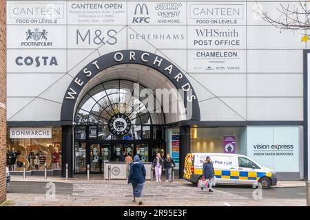 Eintritt zum West Orchards Shopping Centre, Coventry, West Midlands, Großbritannien. Stockfoto