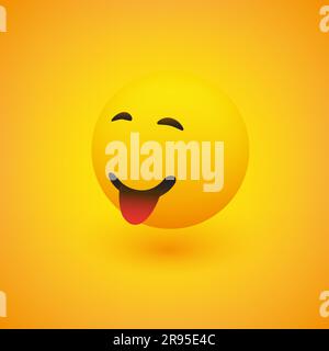 3D lächelndes Gesicht, ausgeprägte Zunge, Blick von der Seite - einfaches Happy Emoticon auf gelbem Hintergrund - Vektordesign Stock Vektor