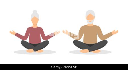 Seniorenpaar meditiert zusammen. Ältere Frau und Mann in legerer Kleidung in Lotusposition. Vektordarstellung in flacher Form Stock Vektor