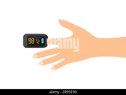 Schwarzes Pulsoxymeter am Finger. Messung der Sauerstoffsättigung des Blutes und der Herzfrequenz. Abbildung eines flachen Vektors Stock Vektor