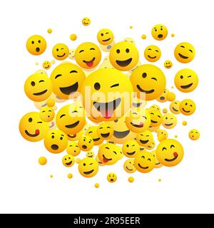 Verschiedene Gesichter, Emoticons - viel Lachen, Lächeln, winkende Emoticons, 3D-Vektorkonzept-Illustration auf weißem Hintergrund Stock Vektor
