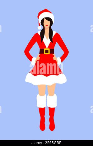 Wunderschöne Frau Claus mit Pferdeschwanzen in einem kurzen rot-weißen Kleid, Hut und Schuhen auf blauem Hintergrund. Weihnachtsfigur. Abbildung eines flachen Vektors Stock Vektor