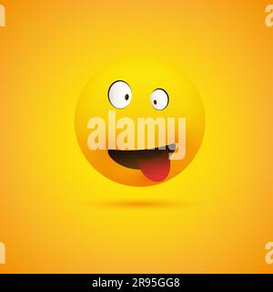 Schlichtes lächelndes verrücktes Emoticon mit schielenden Augen und ausgeprägter Zunge – Emoji auf gelbem Hintergrund, Vektordesign Stock Vektor
