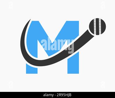 Cricket-Logo mit dem Buchstaben M und dem Symbol „beweglicher Ball“ für das Cricket-Club-Symbol. Cricketzeichen Stock Vektor