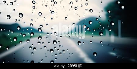 Regenschauer auf der Windschutzscheibe oder dem Autofenster und unscharfe Straße im Hintergrund. Fahren in der Regenzeit. Regentropfen auf dem Spiegel. Die Straße am Abend Stockfoto