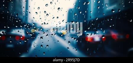 Regenschauer auf der Windschutzscheibe oder dem Autofenster und unscharfe Straße im Hintergrund. Fahren in der Regenzeit. Regentropfen auf dem Spiegel. Die Straße am Abend Stockfoto