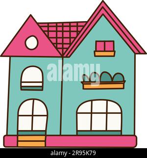 Blaues, freistehendes Einfamilienhaus mit Garten. Zeichentrickskizzen-Vektordarstellung, Markierungsstil-Farbe Stock Vektor