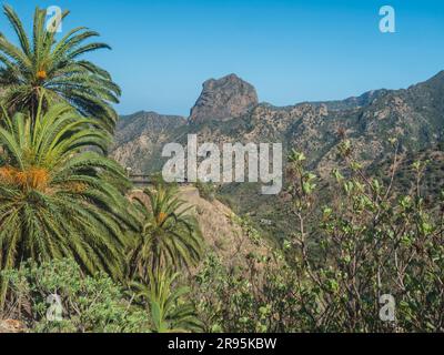 Blick auf den Roque Cano, eine berühmte vulkanische Klippe auf der Nordseite von La Gomera. Palmen, ländliche Berglandschaft im Vallehermoso-Tal. La Stockfoto