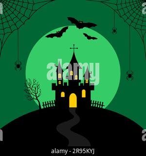 Schwarze Silhouetten des Schlosses, Fledermäuse und Spinnen auf Spinnennetz auf grünem Hintergrund mit Vollmond. Flache Halloween-Illustration Stock Vektor