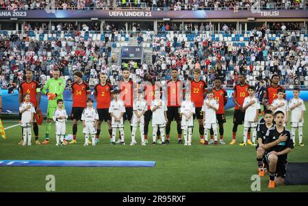 Tiflis, Georgia. 24. Juni 2023. Die belgischen Spieler wurden zu Beginn des zweiten Spiels der Gruppenphase (Gruppe A) zwischen Georgien und Belgien bei der UEFA-Europameisterschaft Under21 am Samstag, den 24. Juni 2023 in Tiflis (Georgien) dargestellt. Die UEFA-Europameisterschaft Under21 findet vom 21. Juni bis zum 08. Juli in Georgien und Rumänien statt. BELGA FOTO BRUNO FAHY Kredit: Belga News Agency/Alamy Live News Stockfoto